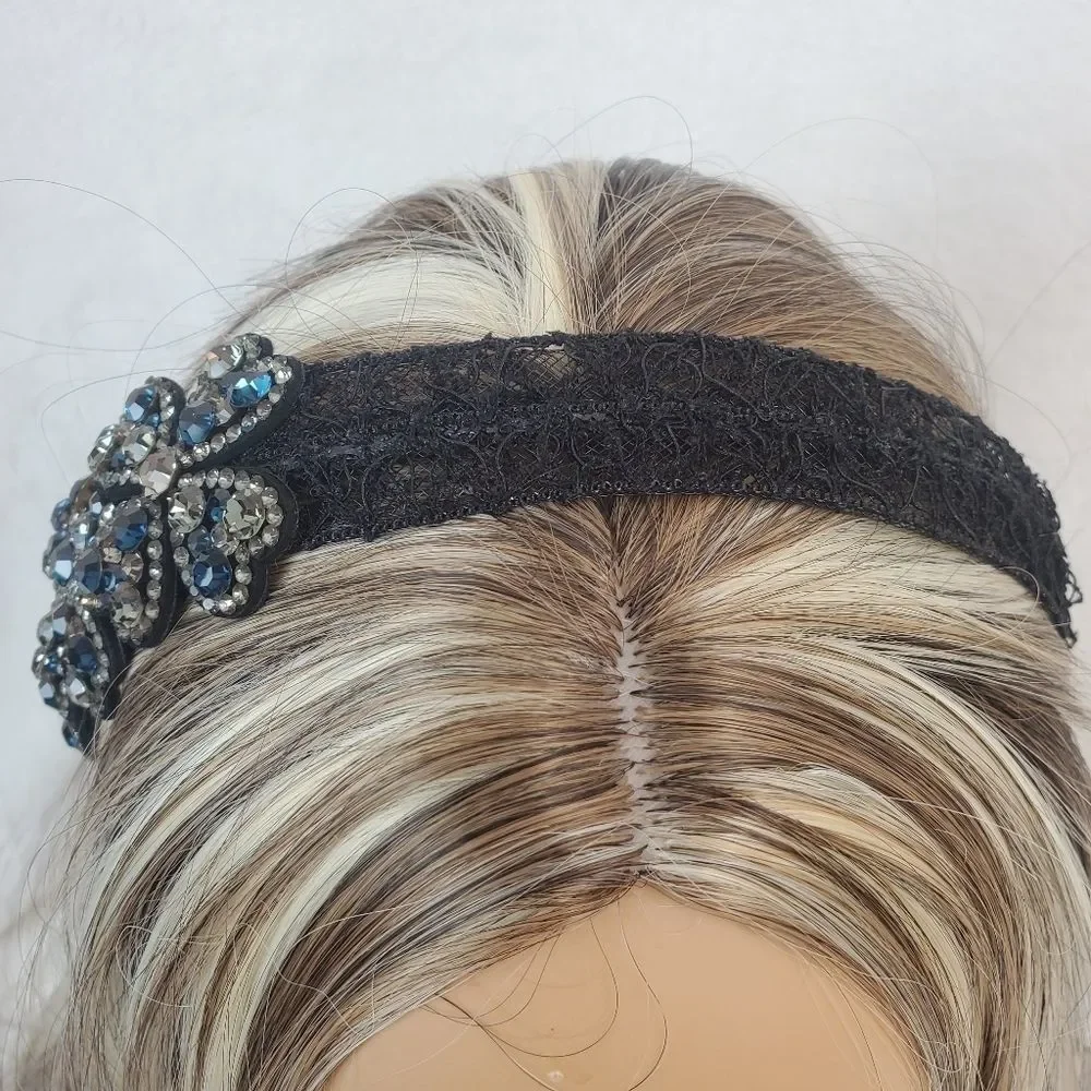 Blue Gunmetal Crystals Floral Black Lace Hair Band